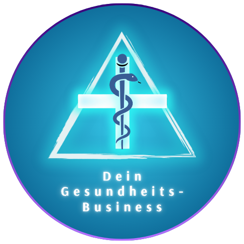 Rundes blaues Logo von Dein Gesundheitsbusiness mit einem weiß leuchtenden Dreieck, einem Kreuz und einem Äskulapstab mit Schlange über dem weißen Schriftzug Dein Gesundheits-Business.