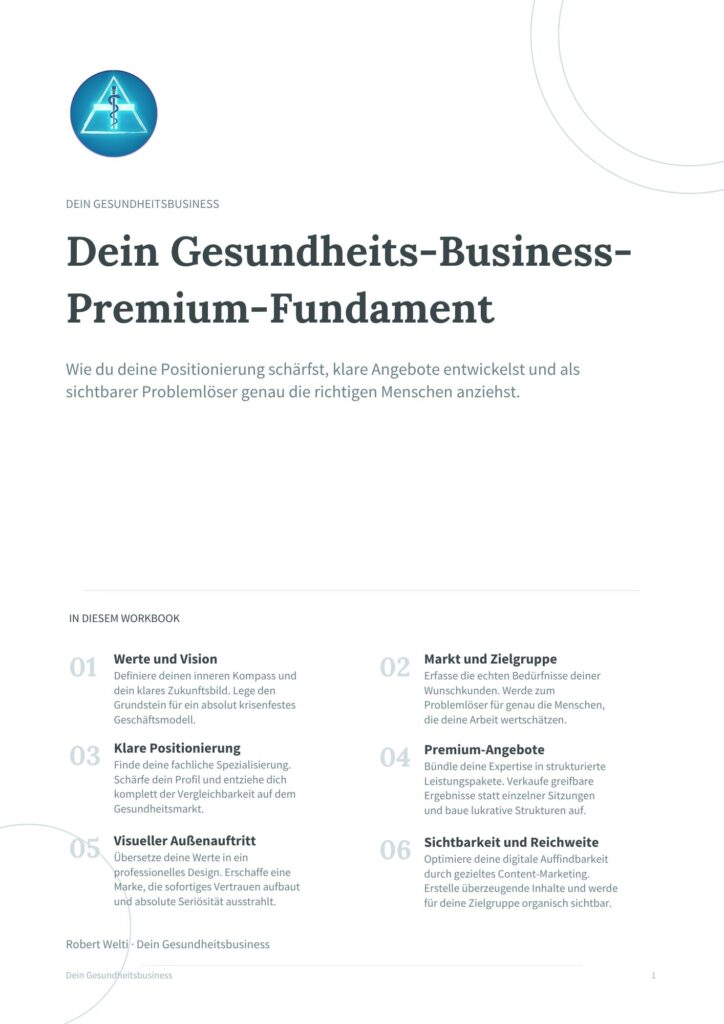 Deckblatt des gedruckten Workbooks für den Praxisaufbau als Heilpraktiker mit Übersicht der sechs strategischen Module.