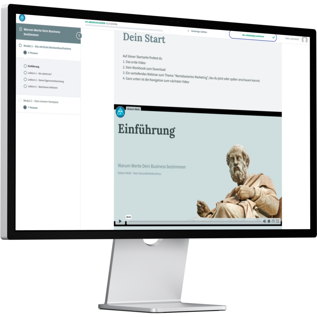 Ein Computermonitor zeigt den digitalen Lernbereich des Kurses, mit dem du lernst, wie du als Heilpraktiker online arbeiten kannst.